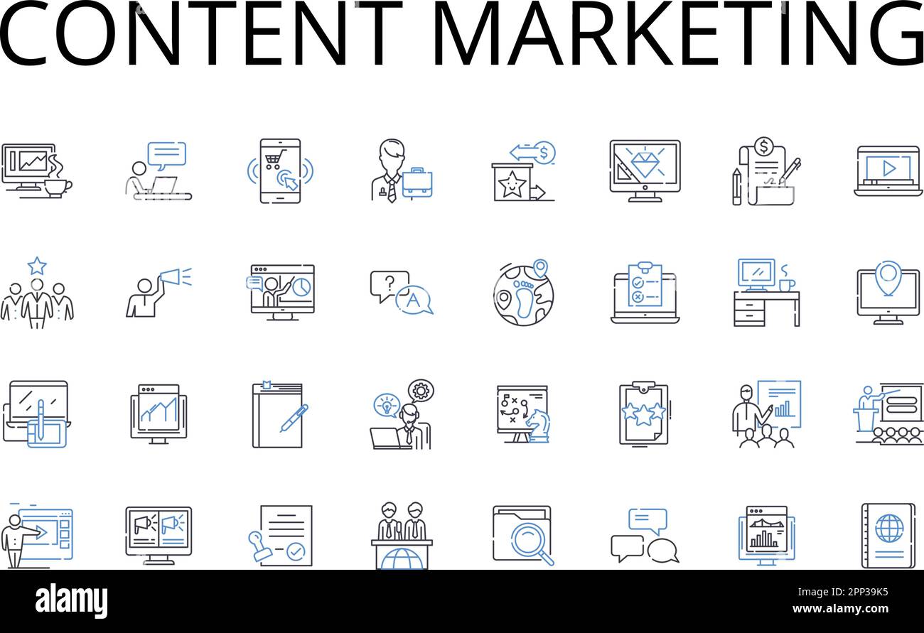 Content marketing line icons collection. Social nerking, Brand management, Digital advertising, Web optimization, Mobile marketing, Customer Stock Vector