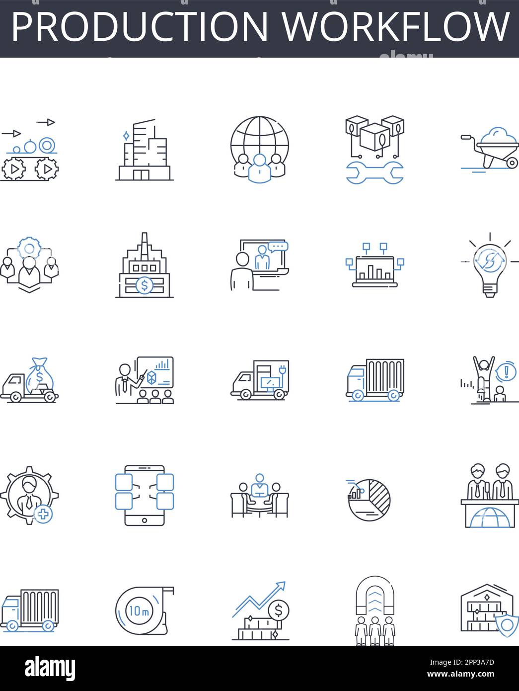 Production workflow line icons collection. Exports, Imports, Tariffs, Partnerships, Importers, Distributors, Global vector and linear illustration Stock Vector