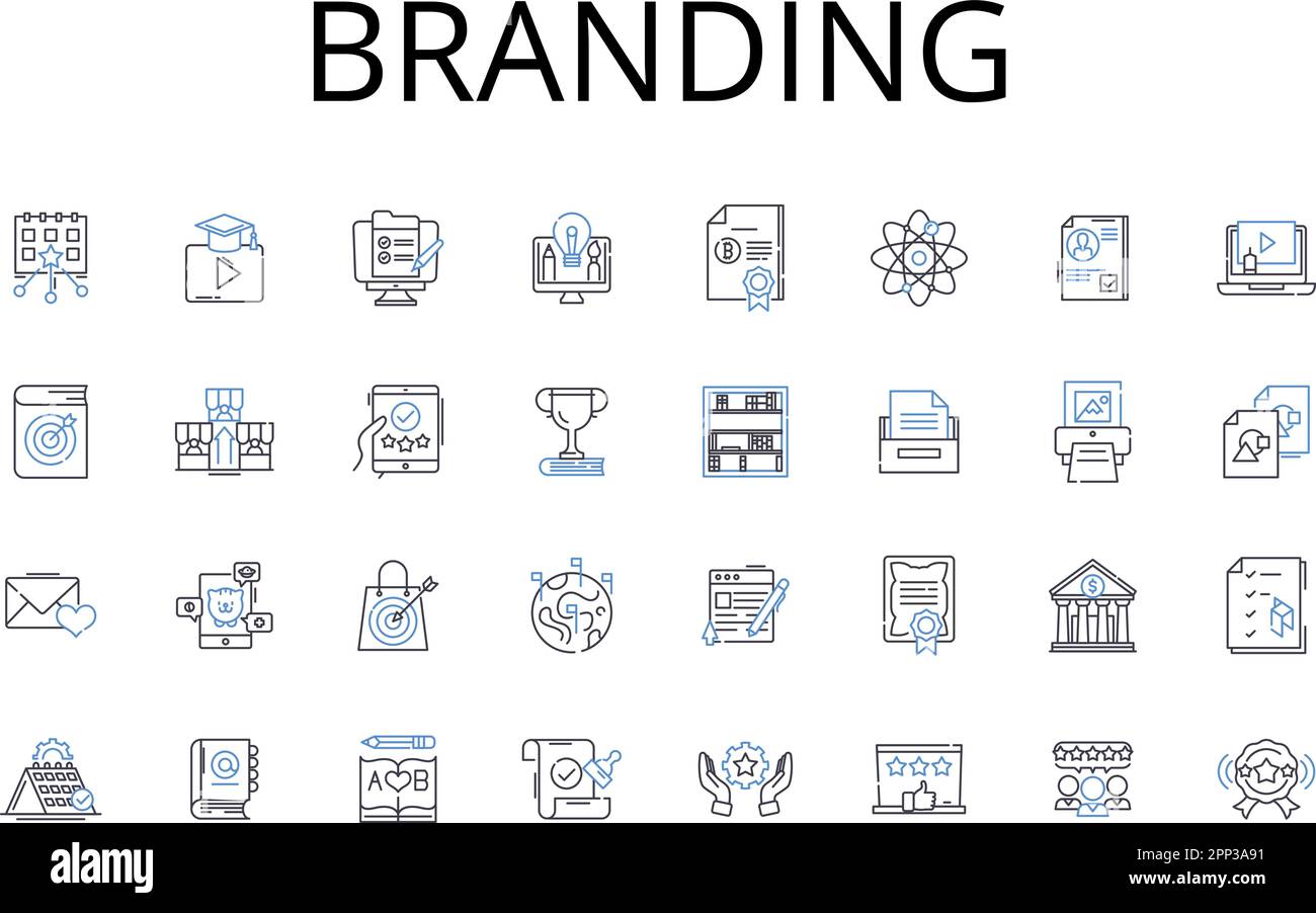 Branding line icons collection. Advertising, Marketing , Promotion , Identity , Recognition , Repetition , Loyalty vector and linear illustration Stock Vector