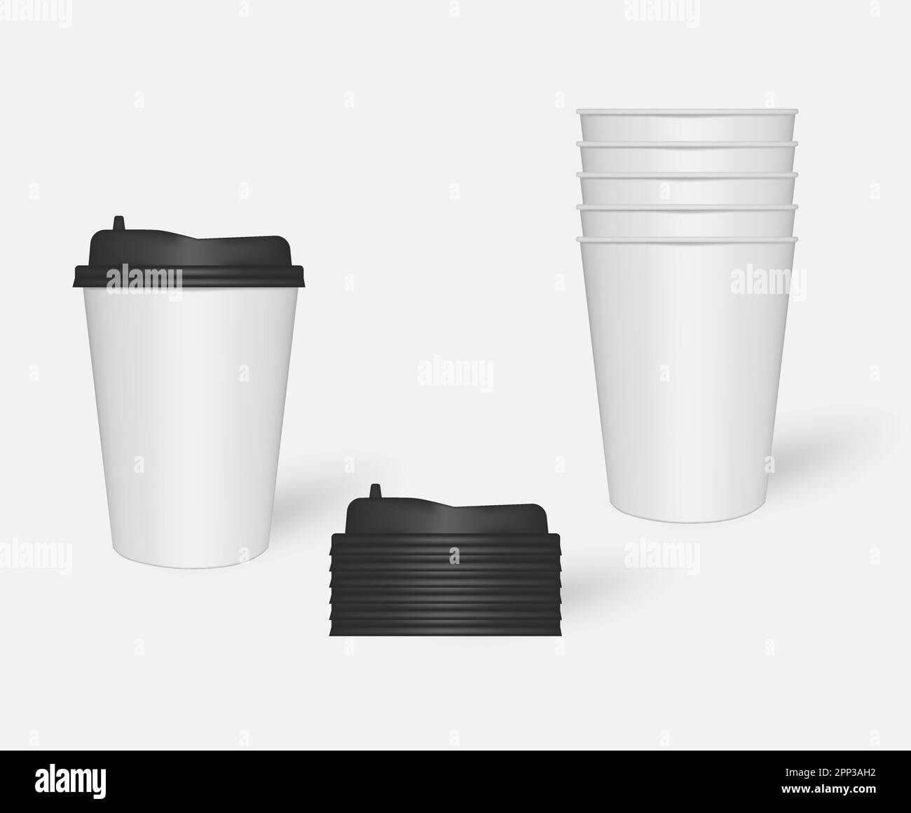 Disposable white paper coffee cups with black plastic lids, mockup