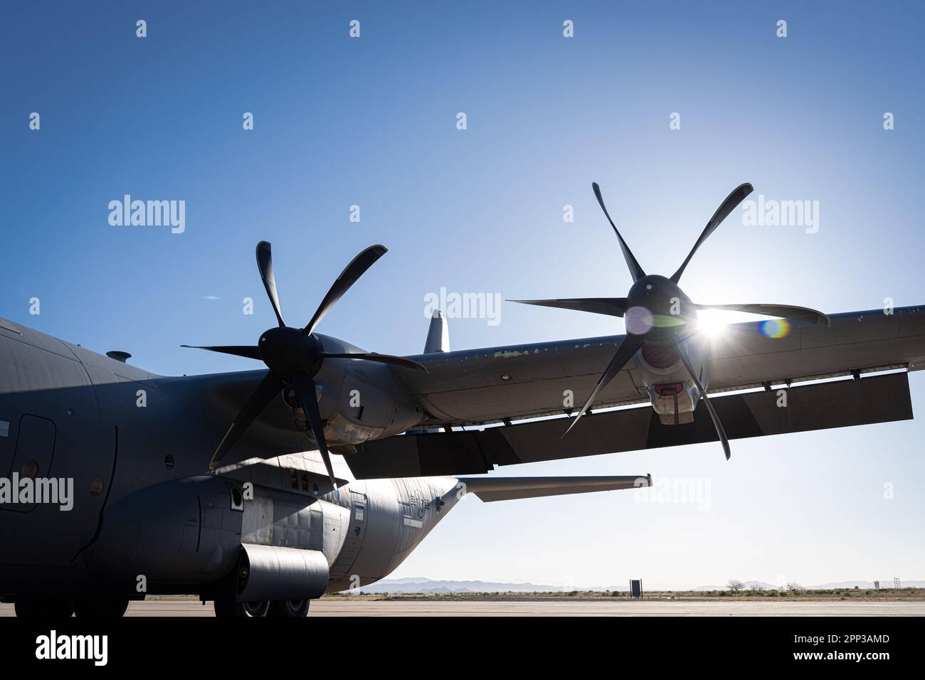 A U.S. Air Force C-130J Hercules aircraft assigned to the 61st Airlift Squadron, sits on the flight line of the Advanced Airlift Tactics Training Center, while attending the Advanced Tactics Airlift Course at Fort Huachuca, Arizona, April 18, 2023. The mission of the AATTC is increasing the warfighting effectiveness and survivability of mobility forces. Since 1983 the AATTC has provided advanced tactical training to mobility aircrews from the Air National Guard, Air Force Reserve Command, Air Mobility Command, Air Combat Command, Air Force Special Operations Command, United States Marine Corps Stock Photo