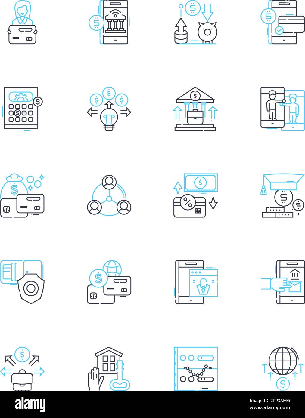 Peer-to-peer lending linear icons set. Lending, Peer, Finance, Investment, Borrower, Loan, Interest line vector and concept signs. Collateral,Credit Stock Vector
