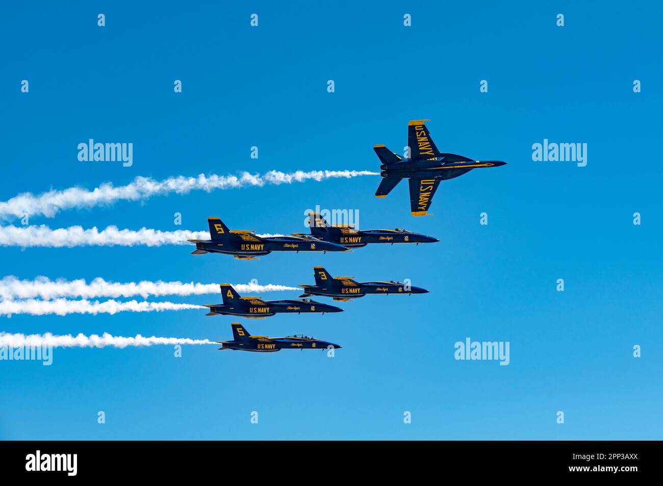 Cmdr. Alexander P. Armatas, flight leader of the U.S. Navy Blue Angels, performs a pitch-up break during the final pass of the Blue Angels performance at the Southernmost Air Spectacular Air Show at Naval Air Station Key West, Fla. April 15, 2023. To close their show, the Blue Angels break away from their delta formation one-by-one as they prepare to land. (U.S. Air Force photo by Staff Sgt. Caleb Roland) Stock Photo