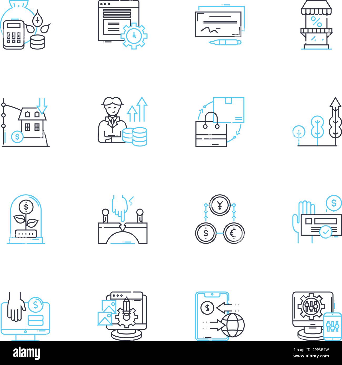Economic Policy linear icons set. Fiscal, Mtary, Inflation, Deflation ...