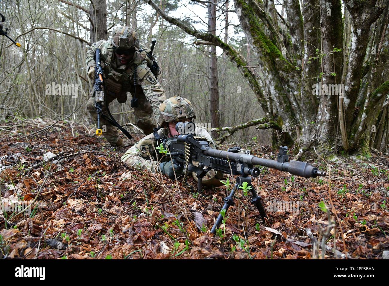 U. S. Army Paratroopers assigned to Castle Company, 54th Brigade Engineer Battalion, 173rd Airborne Brigade, engage a target during team blank-fire and tactical movement training at Pocek Range in Postonja, Slovenia, Apr. 20, 2023. The 173rd Airborne Brigade is the U.S. Army Contingency Response Force in Europe, capable of projecting ready forces anywhere in the U.S. European, Africa or Central Commands' areas of responsibility. (U.S. Army Photo by Paolo Bovo) Stock Photo