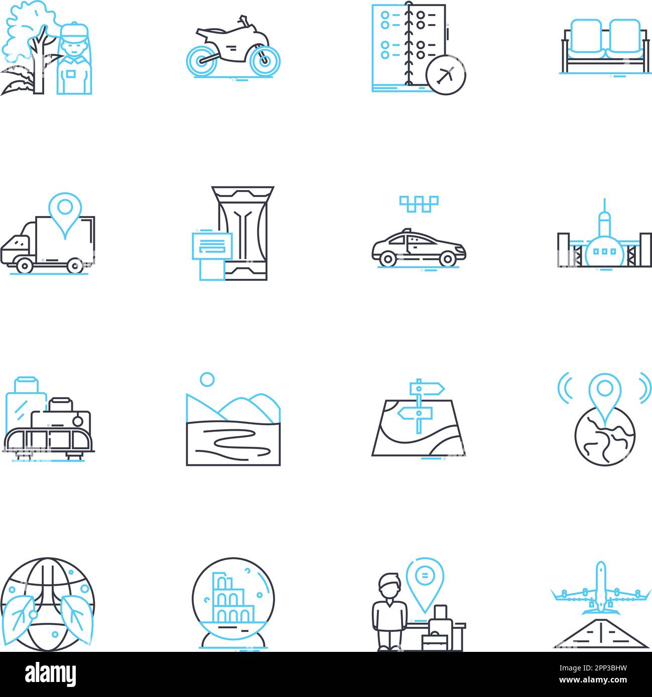 Airfield linear icons set. Runway, Hangar, Aircraft, Aerodrome, Aviation, Landing, Taxiway line vector and concept signs. Control tower,Pilot,Jet Stock Vector