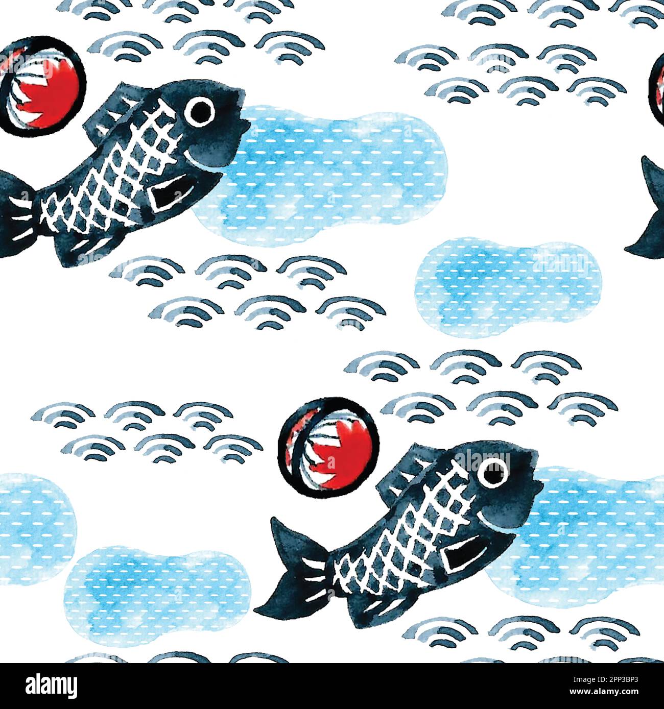 Gold fish illustration with Japanese background . Hand drawn wave ...