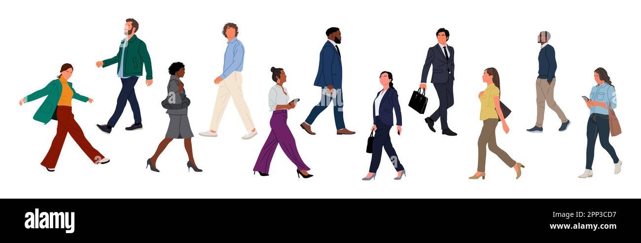 Set of Diverse business people walking side view Stock Vector Image ...