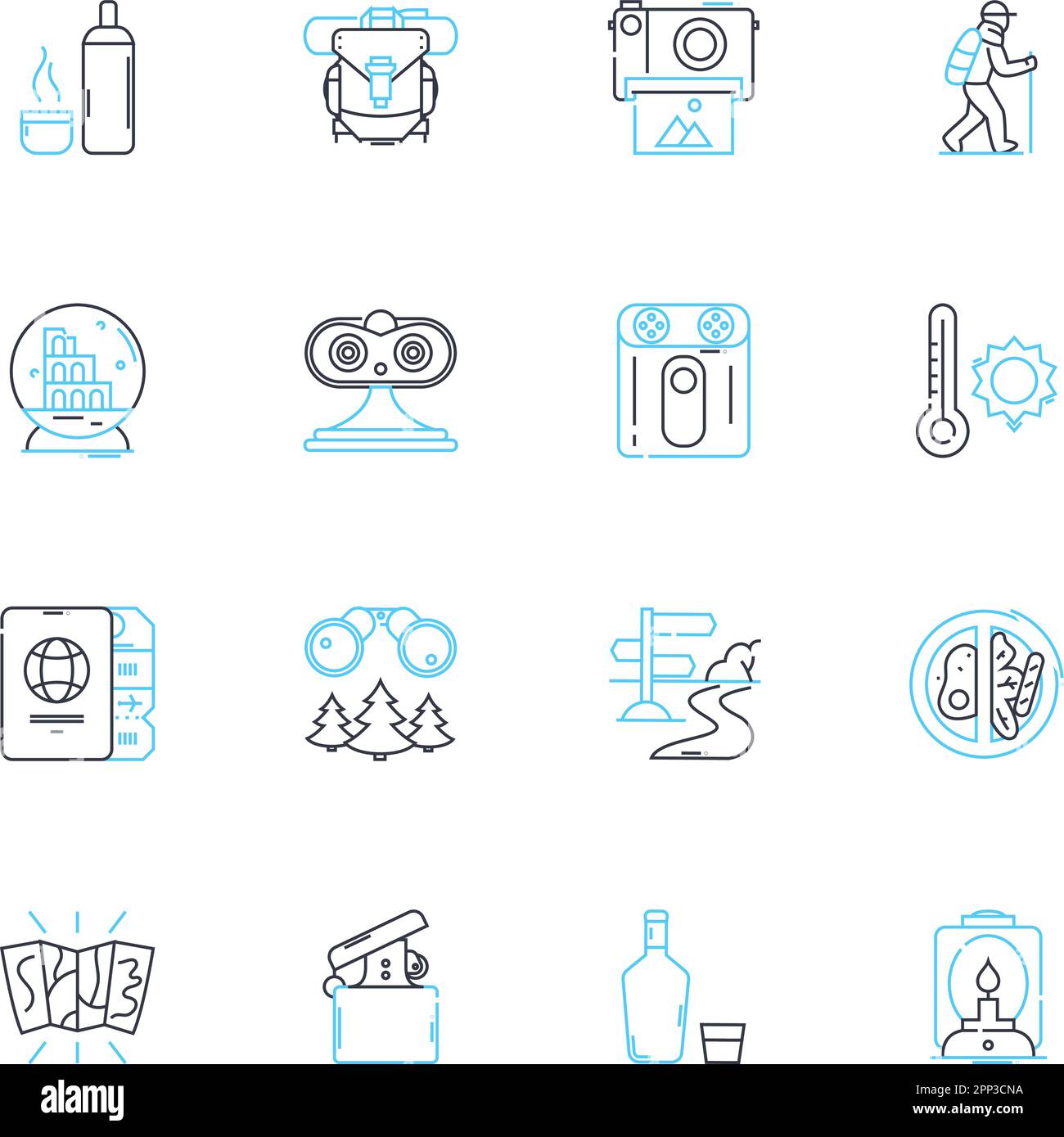 Adventure excursions linear icons set. Trekking, Kayaking ...