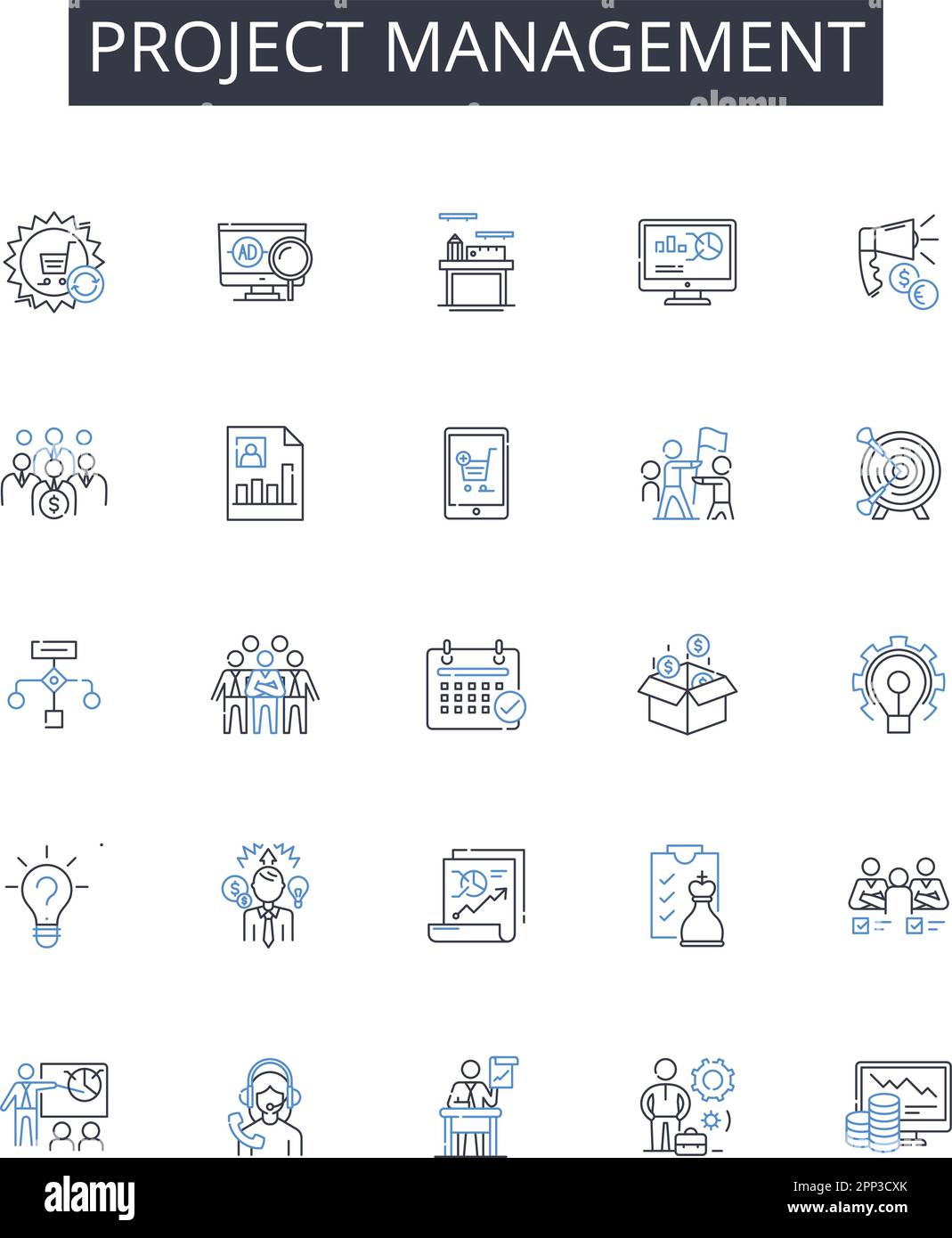 Project management line icons collection. Segmentation, Demographics, Persona, Acquisition, Retention, Loyalty, Conversion vector and linear Stock Vector