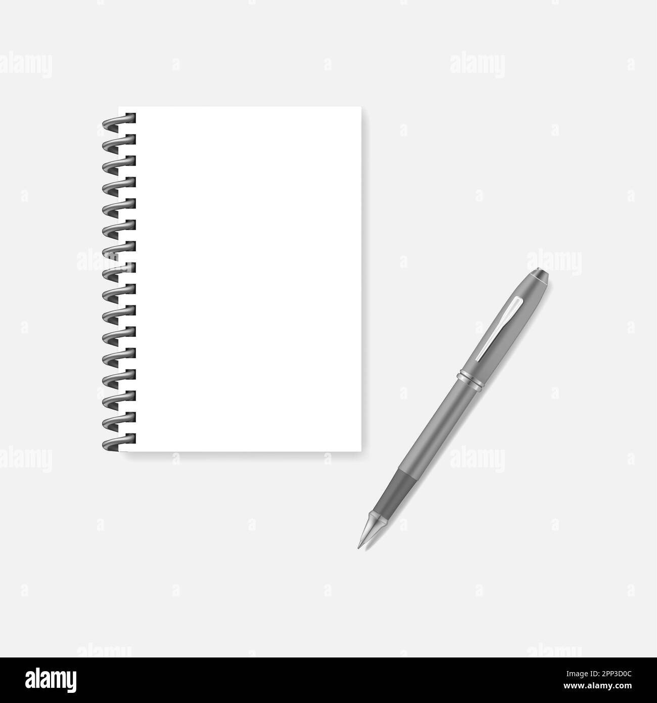 Wire bound blank notebook with ball point pen, realistic vector mock-up. Spiral empty white A5 diary template Stock Vector