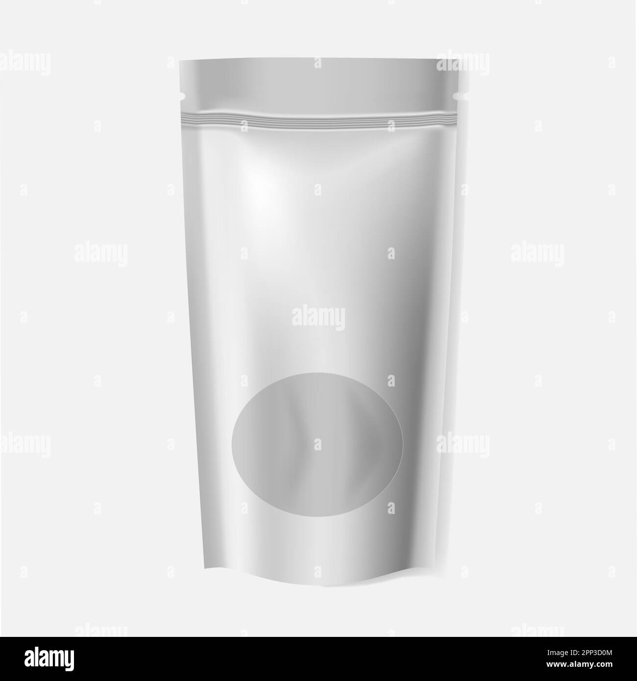 Blank stand up pouch with window, realistic vector mock-up. Food storage bag with zip lock closure and tear notches on top, mockup Stock Vector