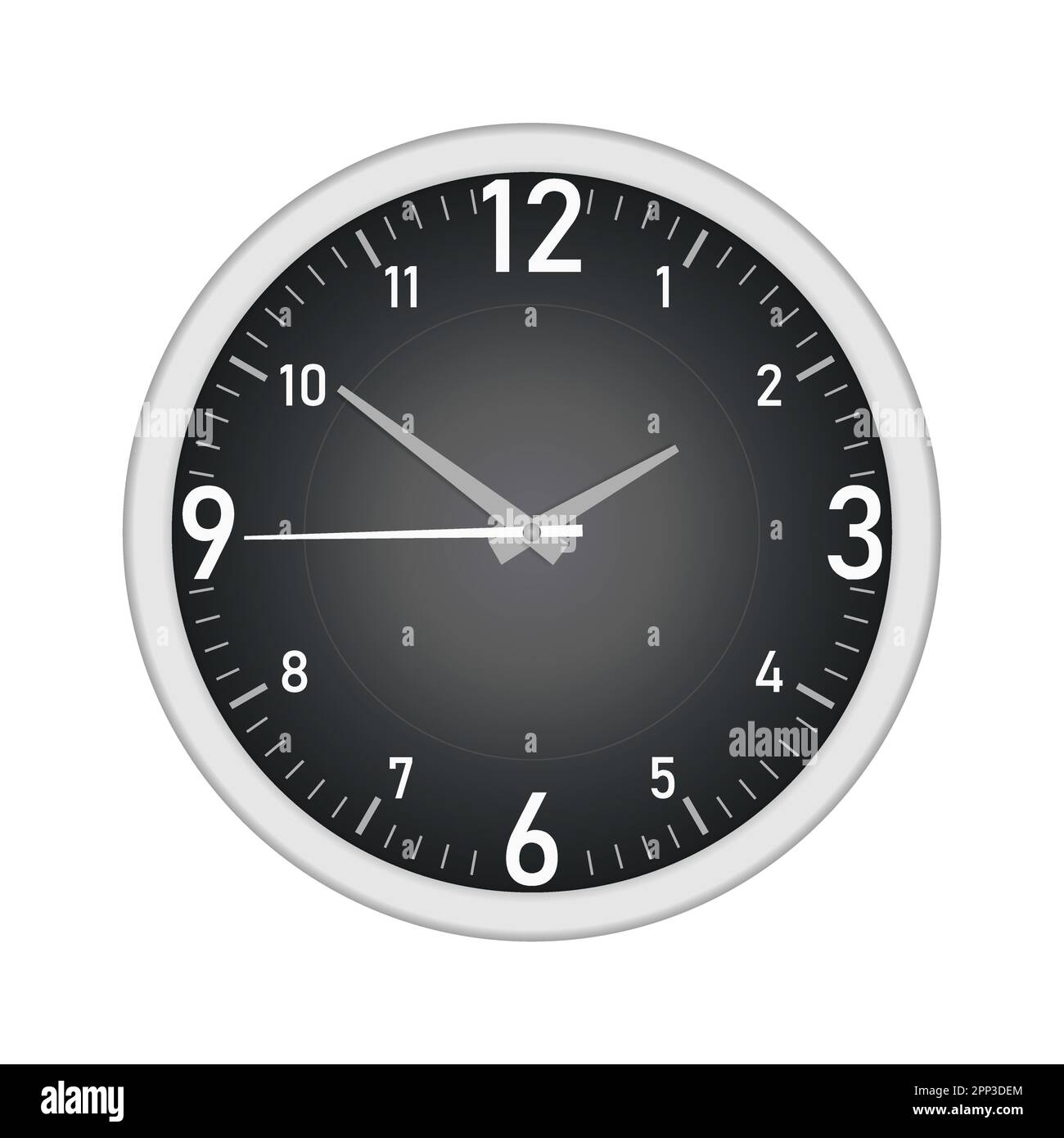 Black dial round wall clock with Arabic numerals isolated on white