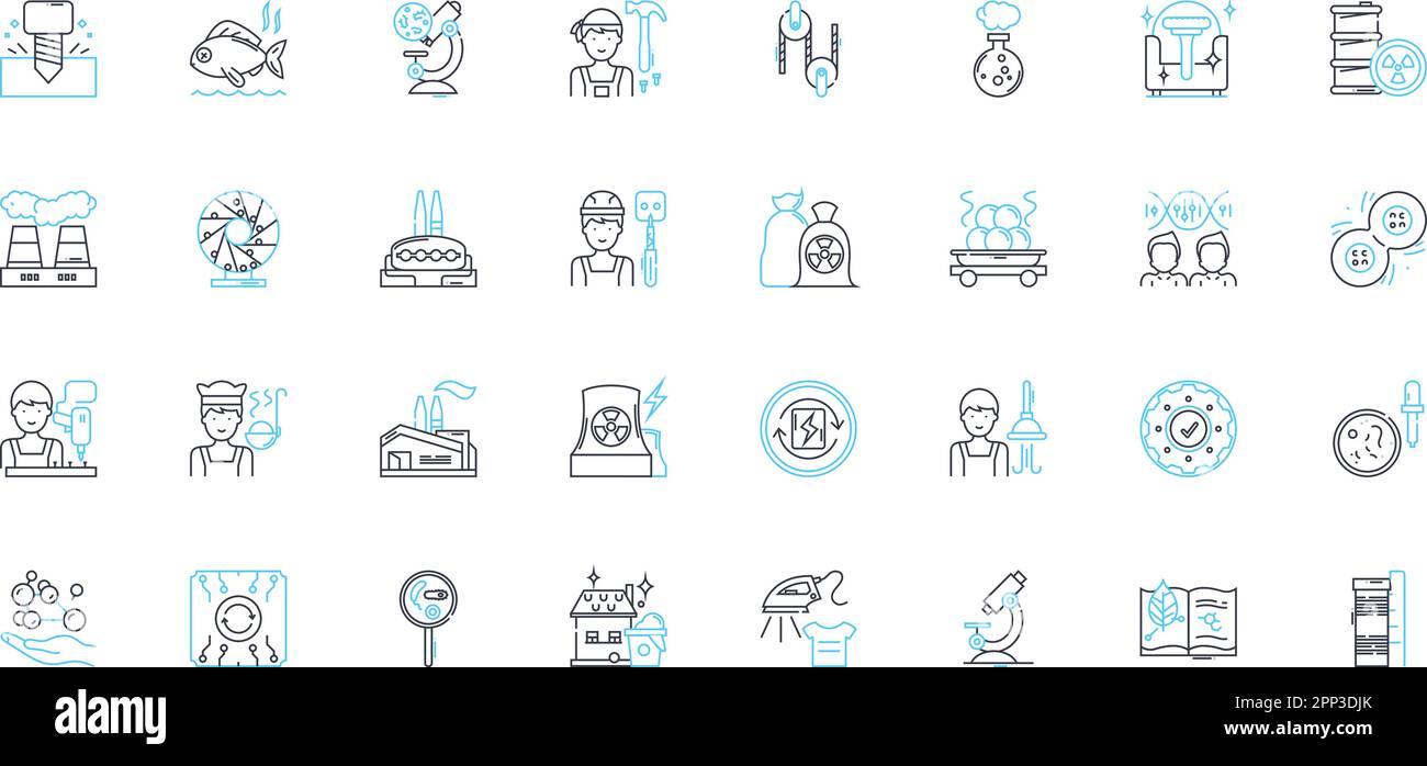 Chemical processing linear icons set. Synthesis, Reactor, Distillation, ion, Extraction, Purification, Crystallization line vector and concept signs Stock Vector