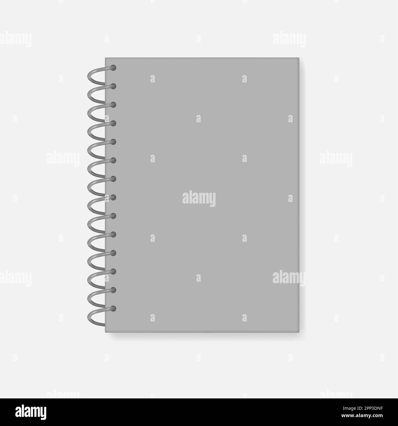 Closed spiral A4 notebook, realistic vector mock-up. Wire bound notepad, template. Gray cover diary, mockup Stock Vector