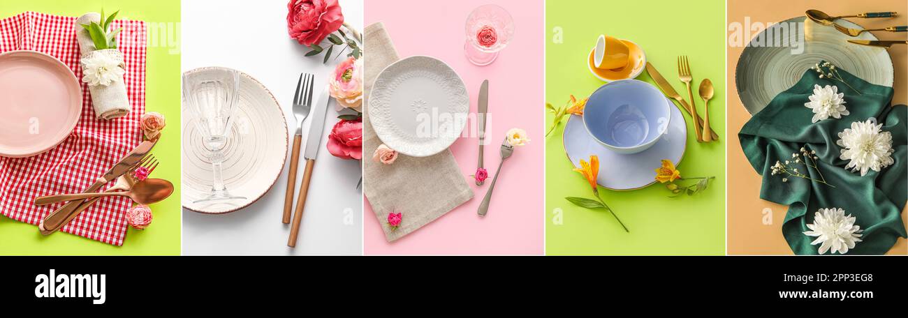 Colorful Collage Table Collage of beautiful table settings with fresh flowers on color ...