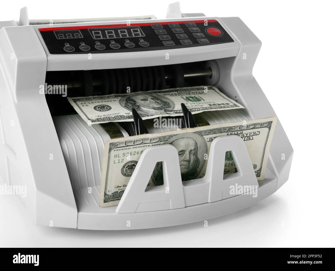 Modern cash counting machine with dollar banknotes on white background ...
