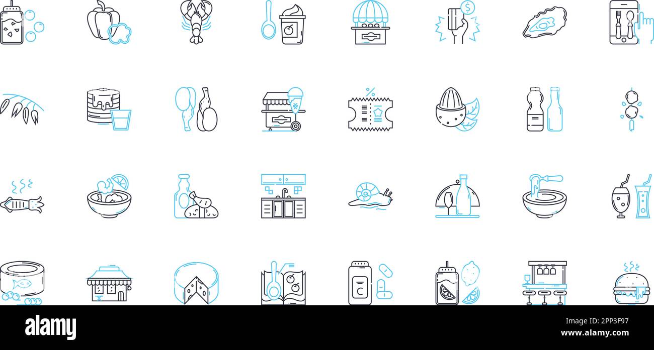 Waterfront restaurant linear icons set. Ocean, Harbor, Dockside, Marina, Seaside, Bayside, Waterside line vector and concept signs. Pier,Yacht Stock Vector