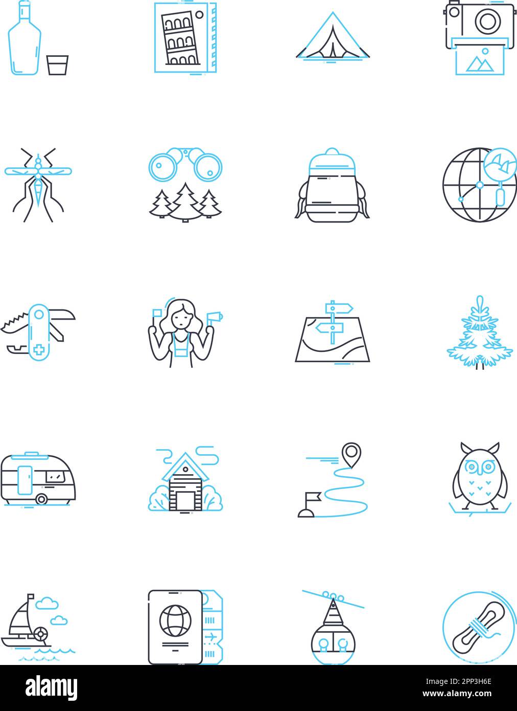 Strolling linear icons set. Amble, Wander, Saunter, Trek, Roam, Ramble, Hike line vector and concept signs. Promenade,Meander,Stride outline Stock Vector