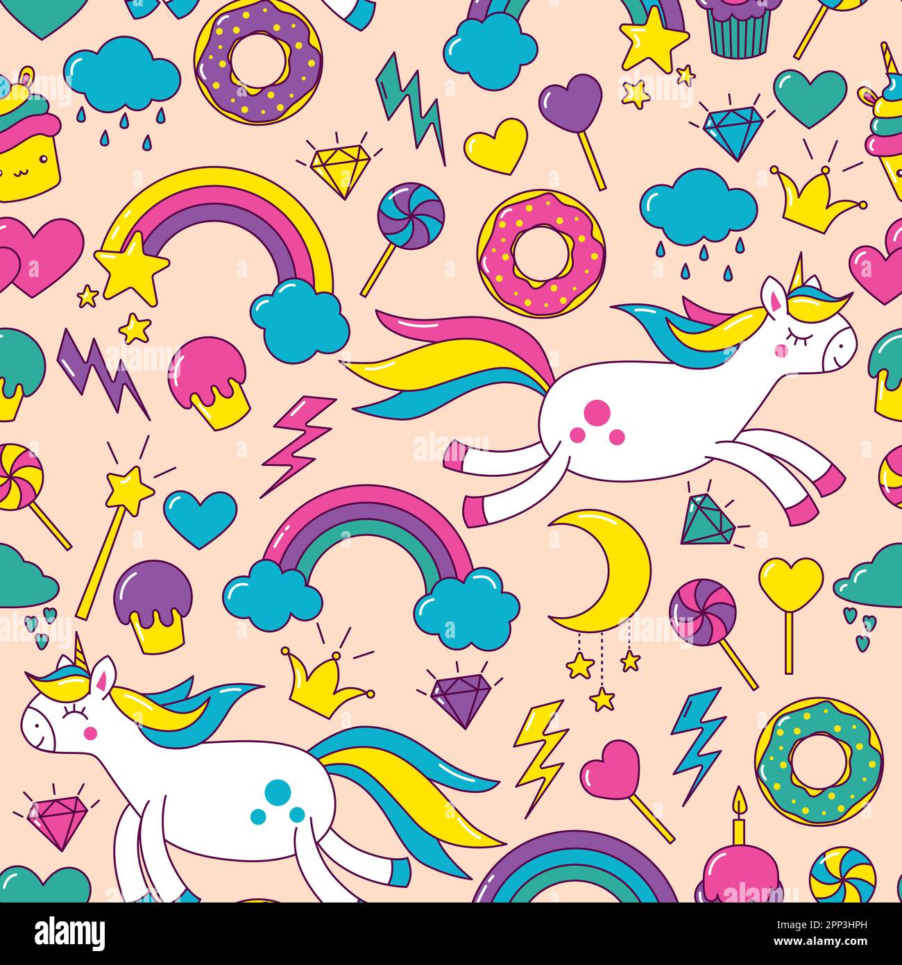Vector bright pattern with unicorns, rainbows, moon, handouts, candies Stock Vector
