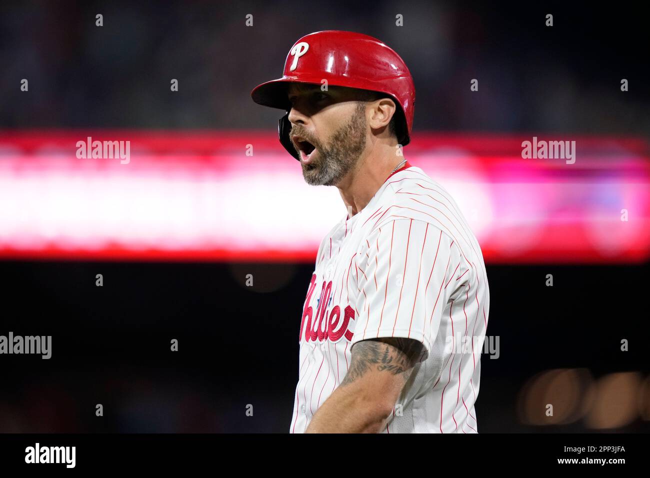 Philadelphia Phillies' Jake Cave plays during a baseball game, Thursday,  April 20, 2023, in Philadelphia. (AP Photo/Matt Slocum Stock Photo - Alamy