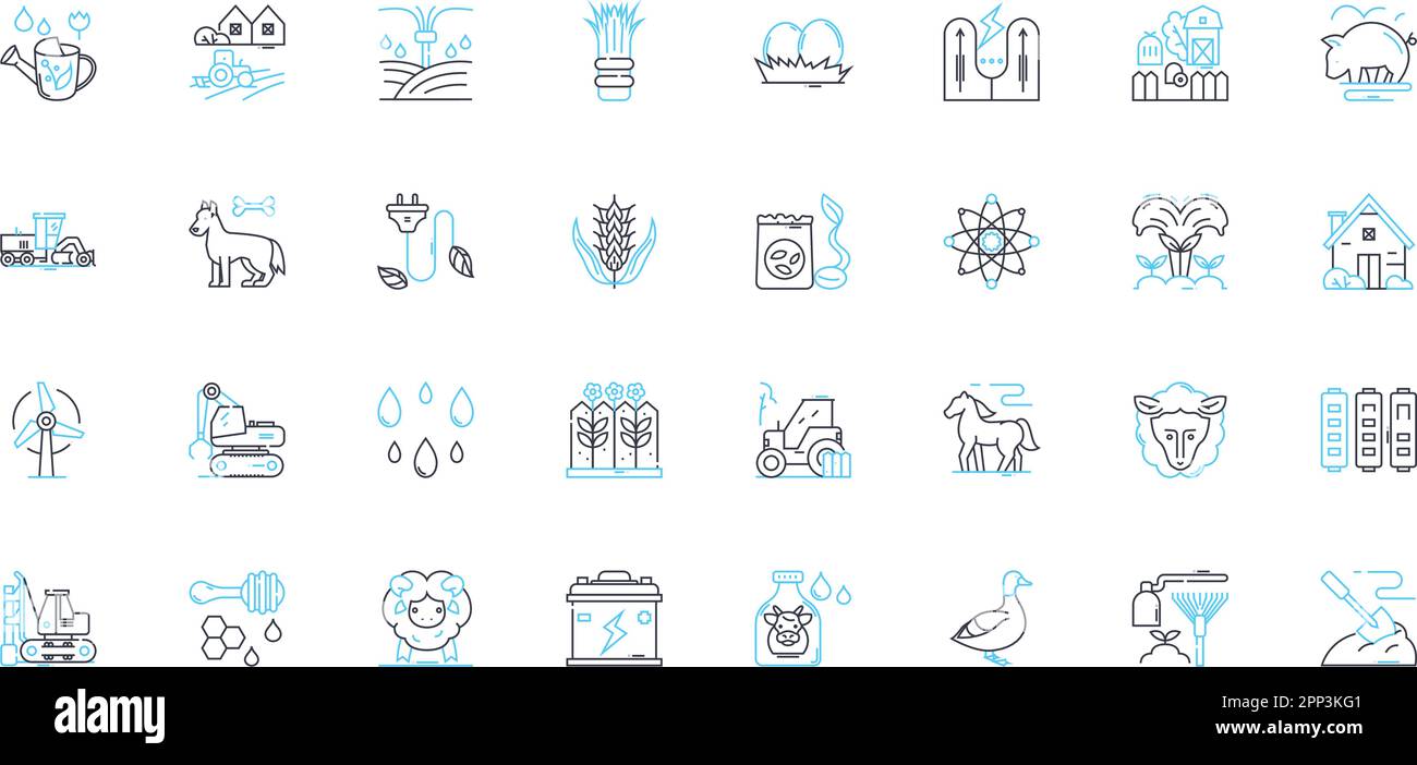 Livestock exposition linear icons set. Breeds, Competition, Exhibition, Cattle, Sheep, Goats, Swine line vector and concept signs. Horses,Poultry Stock Vector