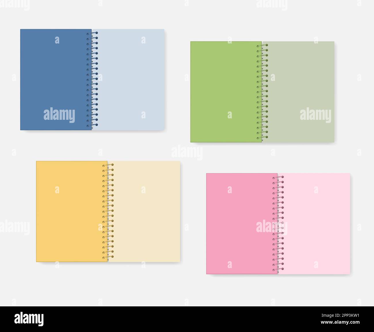 Open spiral A4 notebook with colored cover and sheets, realistic vector mock-up set. Wire bound diary: blue, green, yellow, pink - mockup Stock Vector