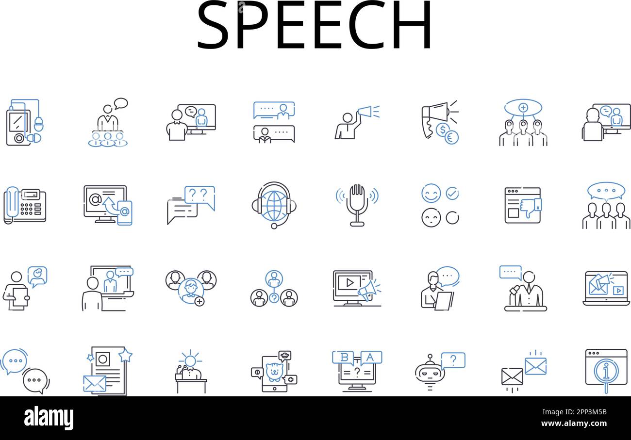 Speech line icons collection. Delivery, Oratory, Discourse, Verbalization, Dialogue, Expression, Conversation vector and linear illustration Stock Vector