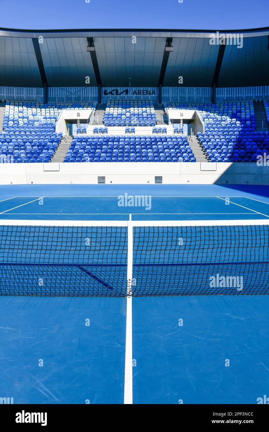 Blue Tennis Court with White Markings and Tennis Net at the Australian Open Tennis Grand Slam, Melbourne Park, Melbourne, Victoria, Australia Stock Photo