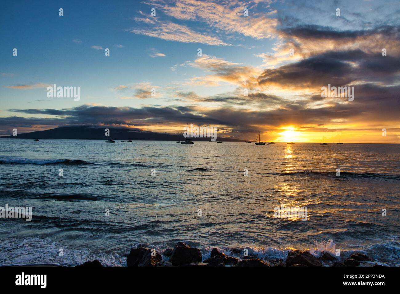 Sunset on Maui with Lanaii in the distance. Stock Photo