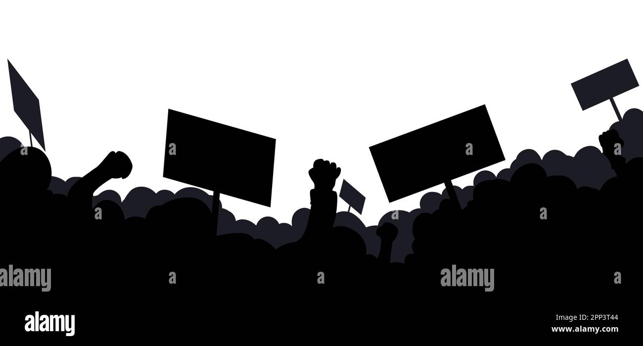 Silhouette of multitudinous crowd with raised fist, banners and placards on white background. Stock Vector
