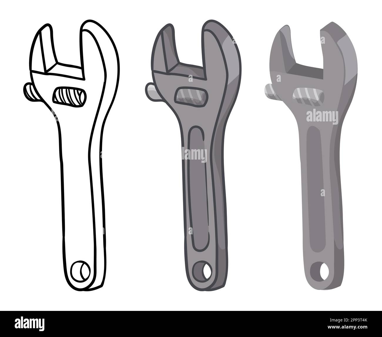 Group of adjustable spanner or wrench in three versions: outlines for coloring, flat colors and cartoon style. Stock Vector