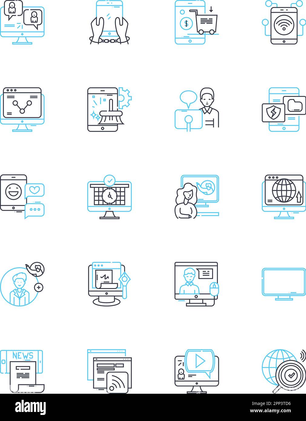 Digital technique linear icons set. Algorithm, Automation, Big data, Blockchain, Cloud, Coding, Cybersecurity line vector and concept signs. Data Stock Vector