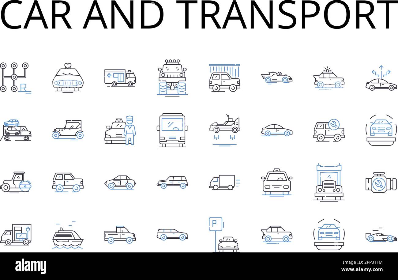 Car and transport line icons collection. Automobile, Vehicle, Truck, Van, Bus, Bike, Motorcycle vector and linear illustration. Scooter,Trailer,Camper Stock Vector