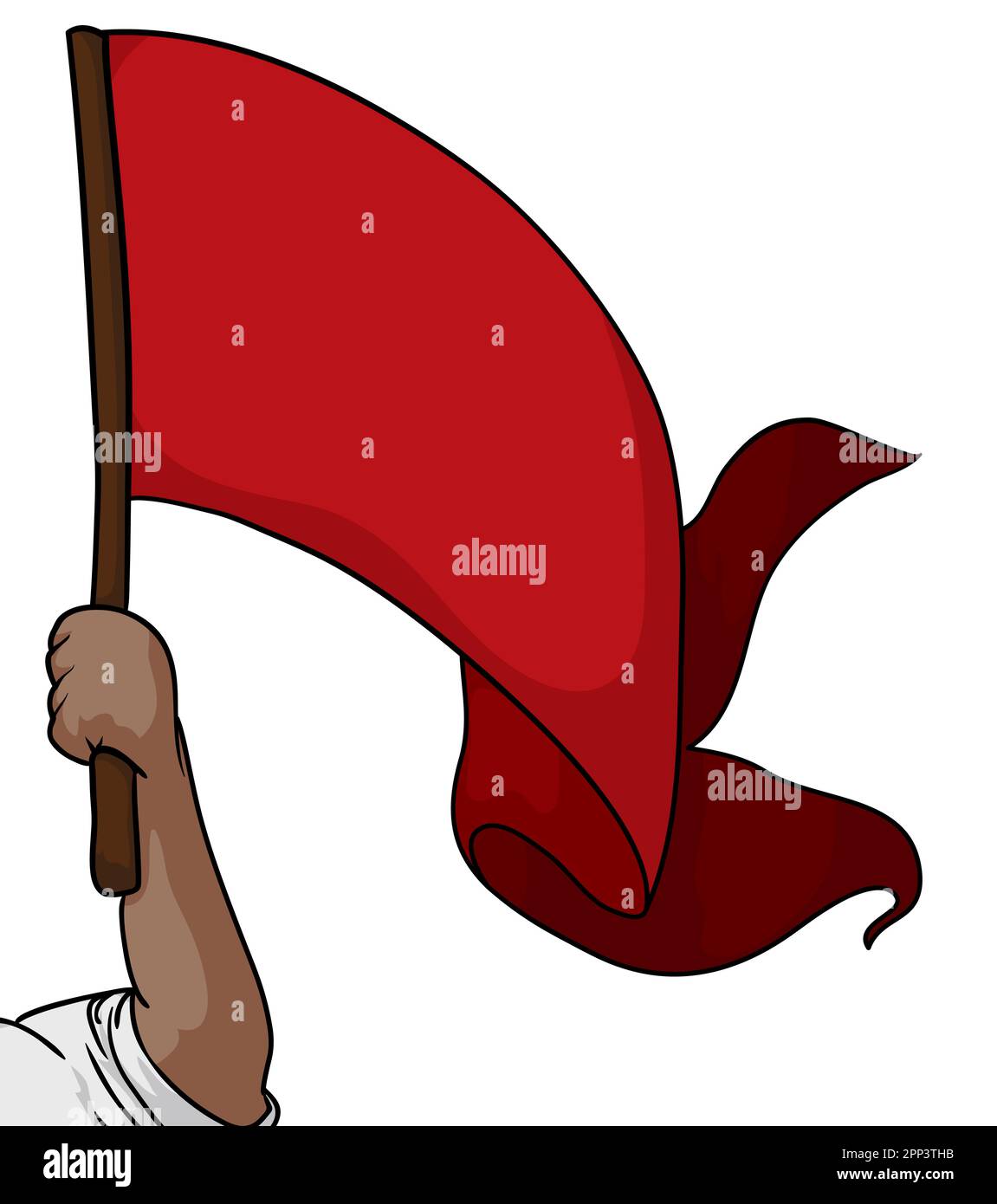 Sleeve rolled up and dark-skinned arm holding a wooden flagpole and long red cloth. Template in cartoon style. Stock Vector