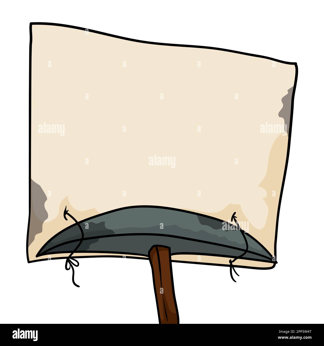 Banner template made with a blank paper attached to a pick axe. Cartoon style design on white background. Stock Vector