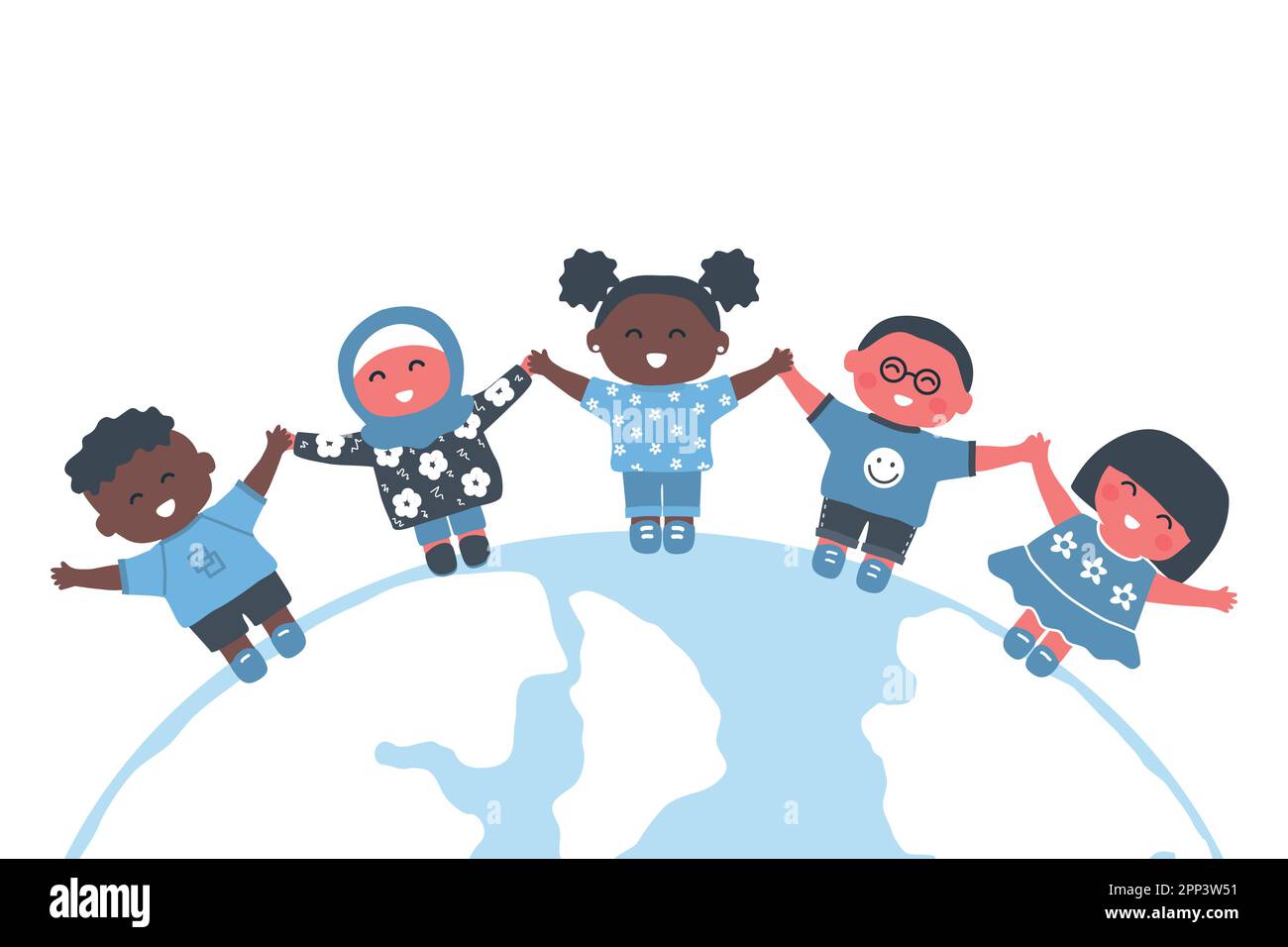 Children stand on the globe. Multicultural group of kids holding hands. Happy baby girls and baby boys. Vector illustration Stock Vector