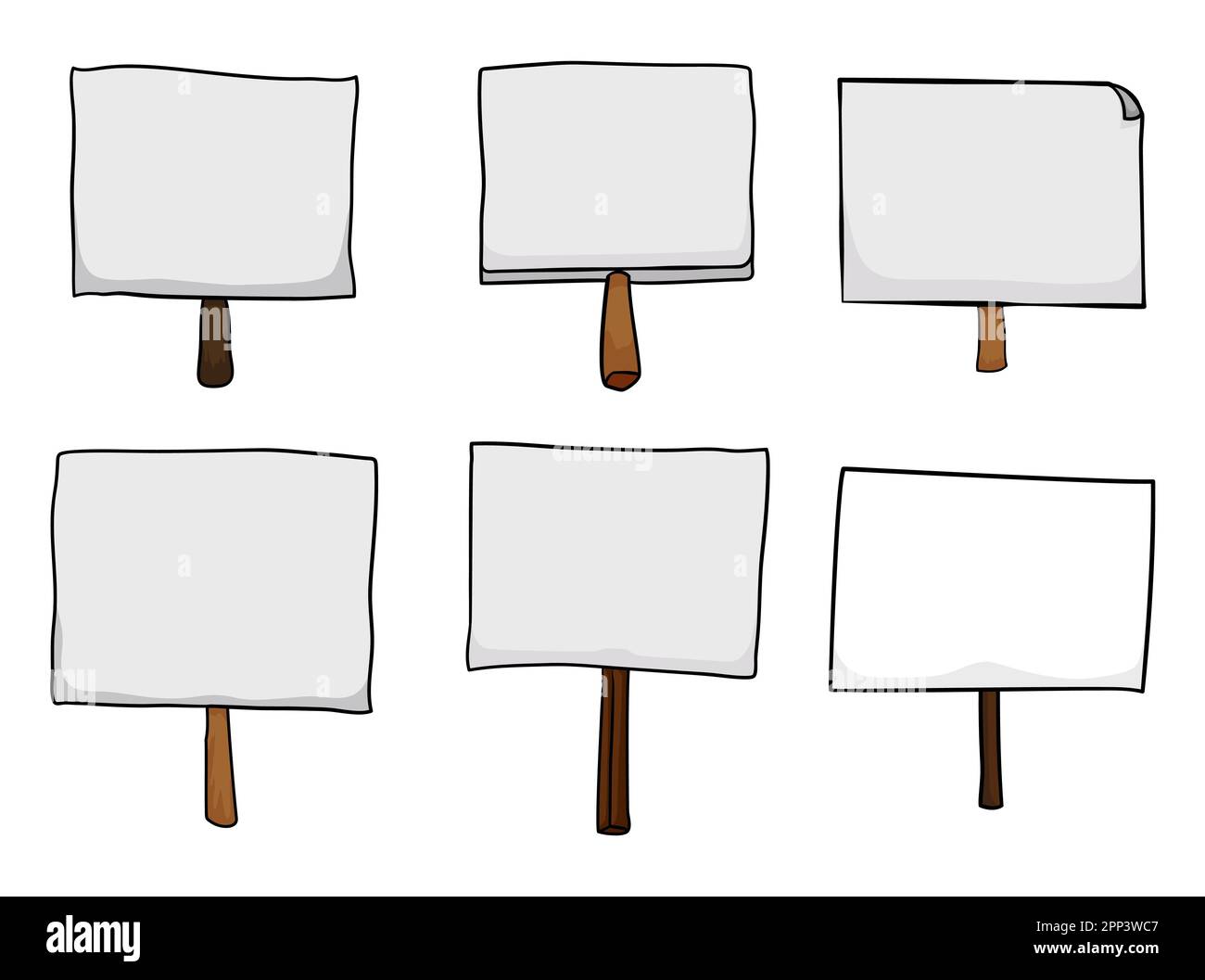 Group of six banners or placards with wooden handle in cartoon style. Templates on white background. Stock Vector