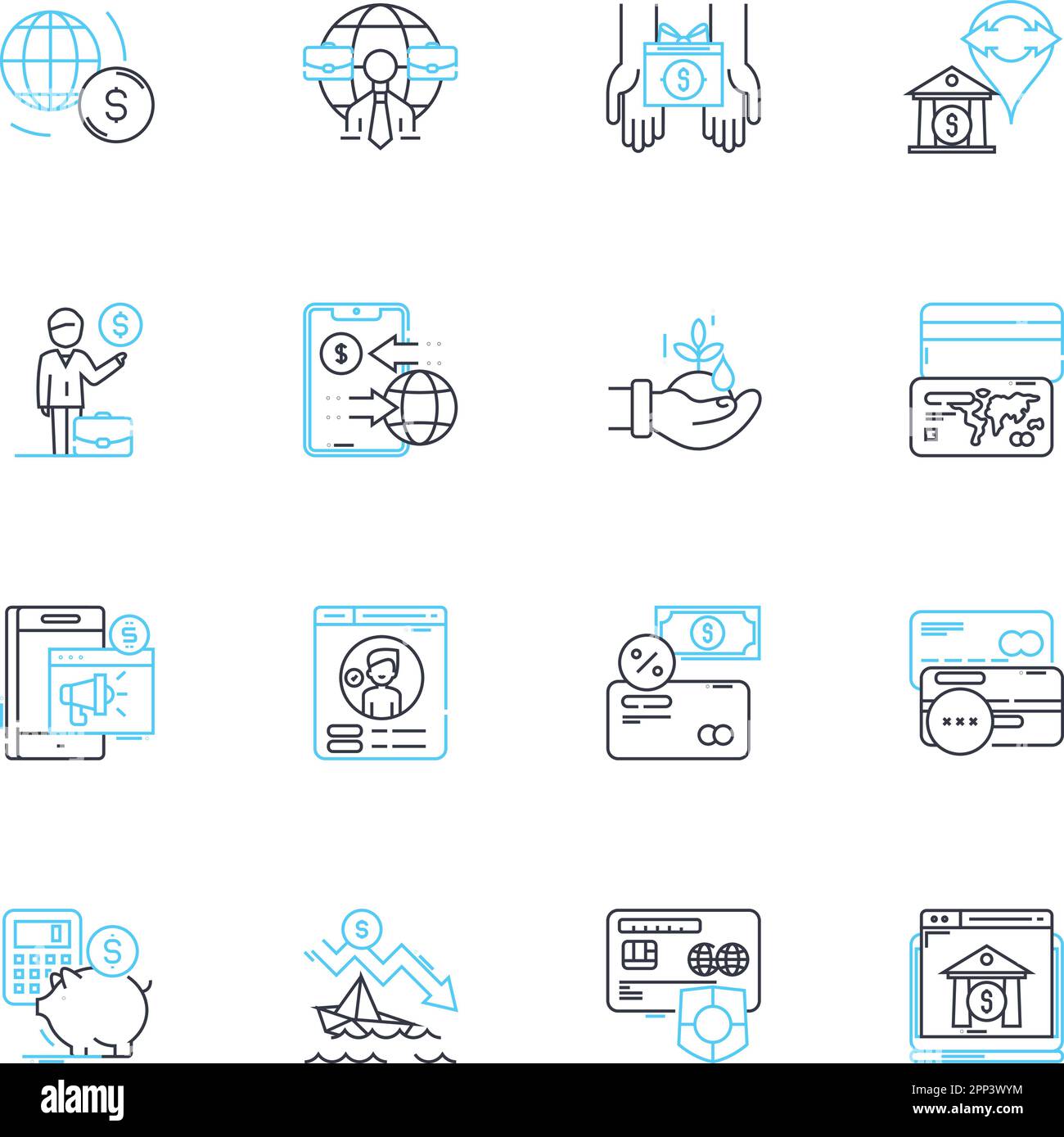 Blockchain-based finance linear icons set. Cryptocurrency, Decentralization, Transparency, Smart contracts, Security, Efficiency, Trustless line Stock Vector