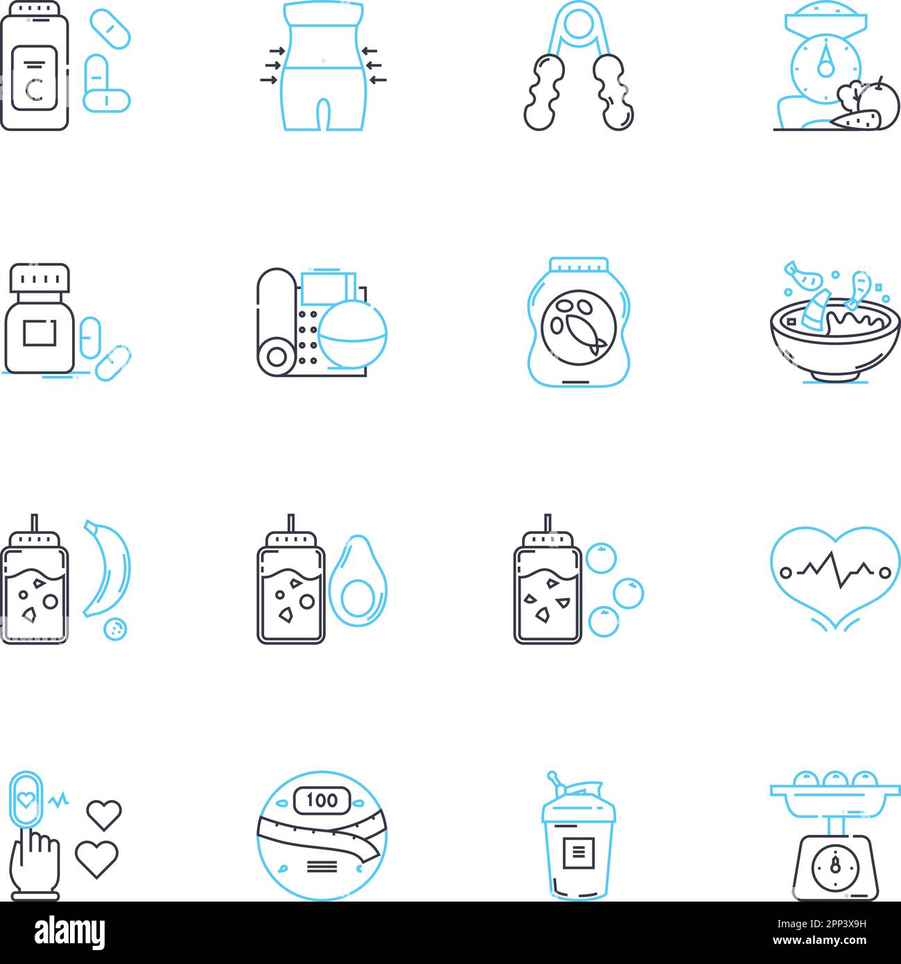 Radiant health linear icons set. Vitality, Fitness, Wellness, Energy, Stamina, Resilience, Strength line vector and concept signs. Balance,Flexibility Stock Vector