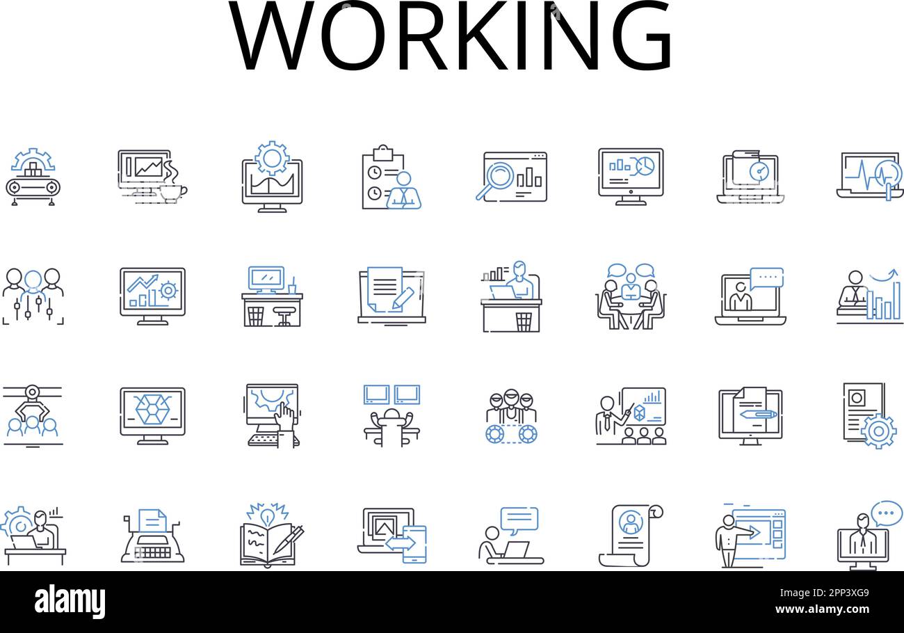 Working line icons collection. Laboring, Engaged, Employed, Occupied, Operating, Serving, Toiling vector and linear illustration. Functioning,Handling Stock Vector