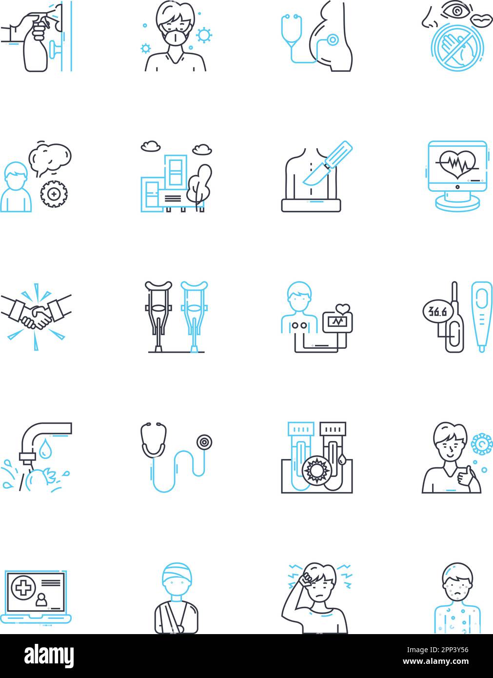 Remote healthcare linear icons set. Telehealth, Telemedicine, Virtual healthcare, E-health, Teleconsultation, Remote monitoring, Teletherapy line Stock Vector