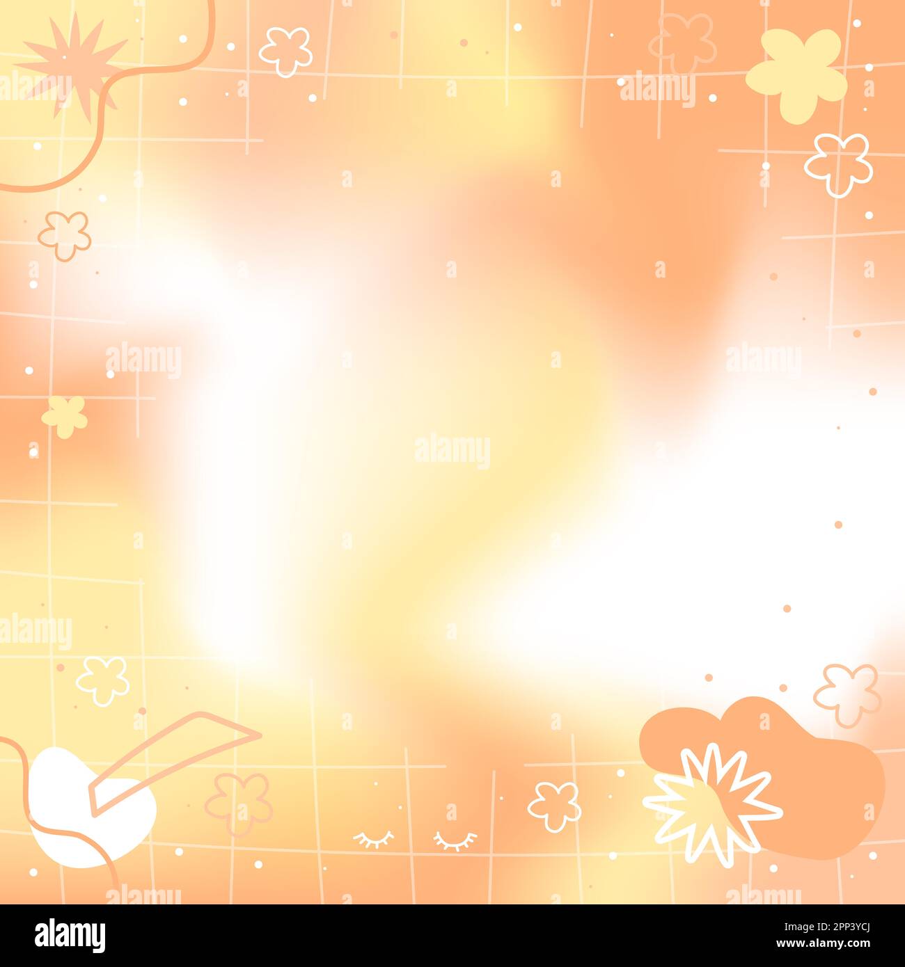 Pastel yellow orange blurry Mesh Gradient Abstract Square Banner Background with Copy Space and Hand-drawn Kawaii Y2K Elements - Smooth and Rounded Stock Vector