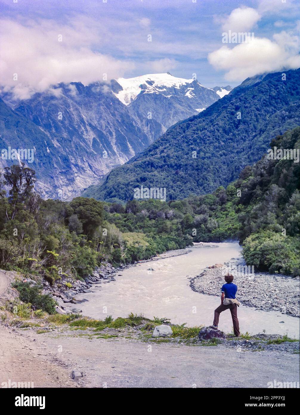 A 1981 historic image of the road leading up to Fox Glacier on the west coast of the south island of New Zealand. Stock Photo