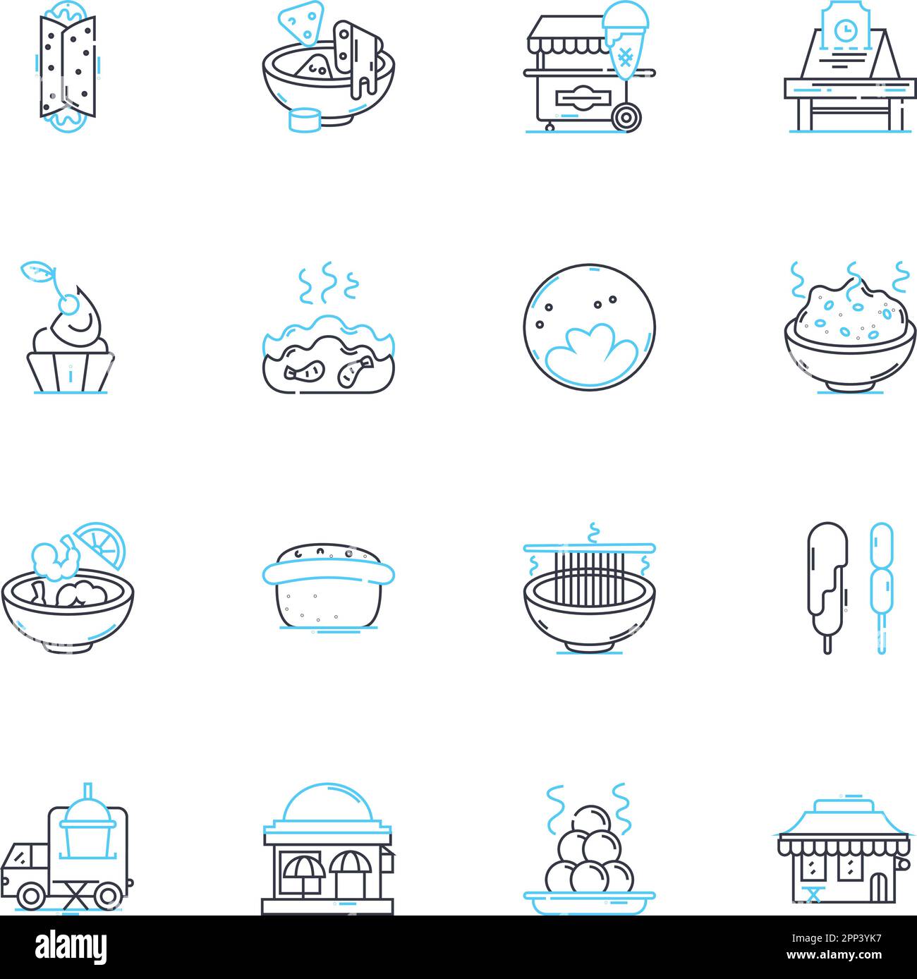 Junk food linear icons set. Pizza, Burger, Fries, Donut, Candy, Soda, Chips line vector and concept signs. Popcorn,Ice cream,Chocolate outline Stock Vector