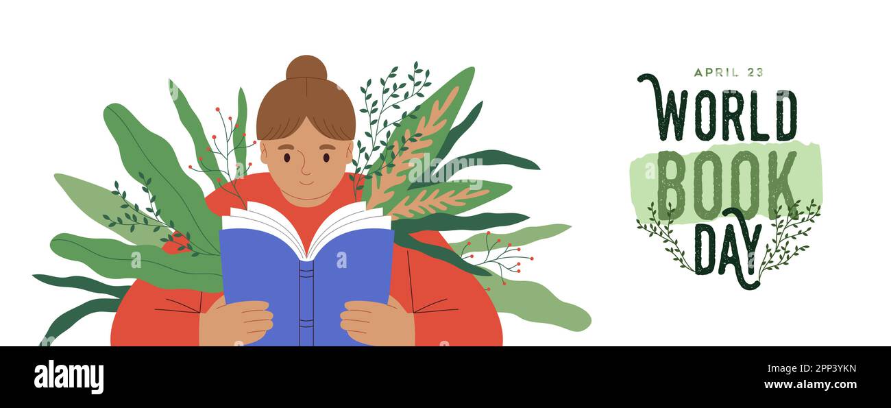 World book day greeting card illustration of young girl kid reading book with green plant leaf growing inside for education learning concept. April 23 Stock Vector
