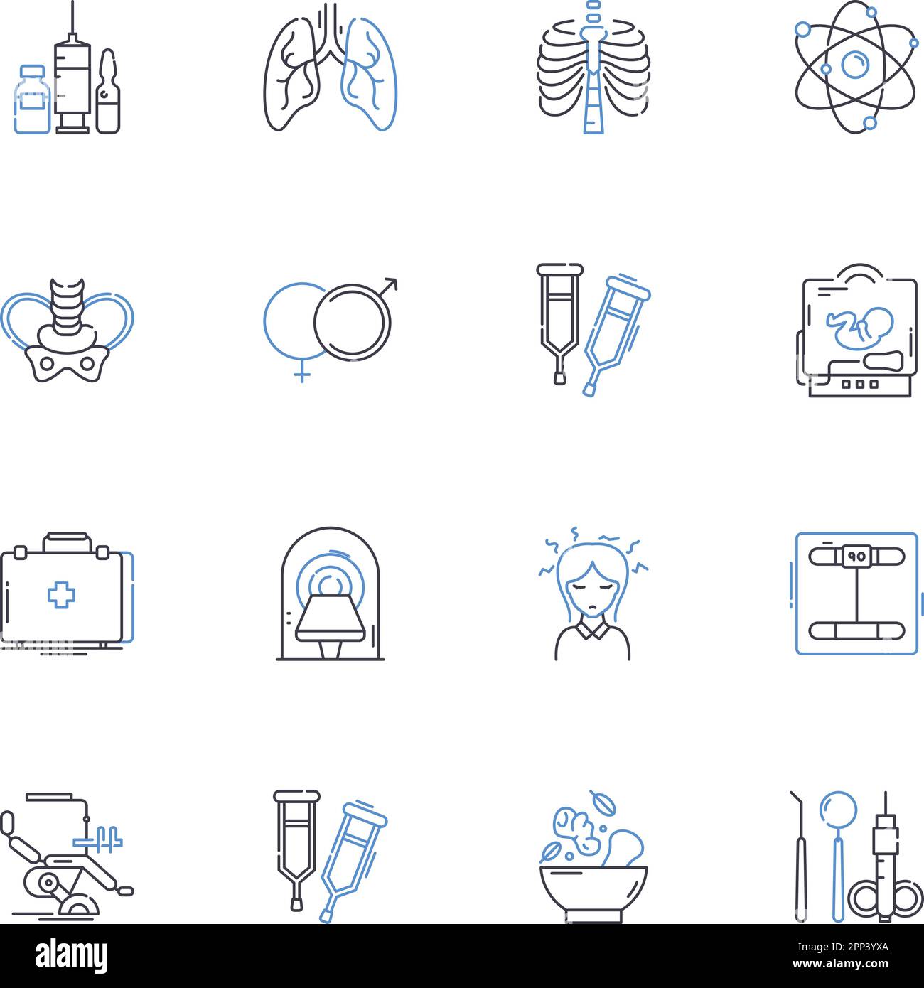 MRI scan line icons collection. Imaging, Procedure, Diagnosis, Scanning, Magnetic, Field, Radiofrequency vector and linear illustration. Contrast Stock Vector