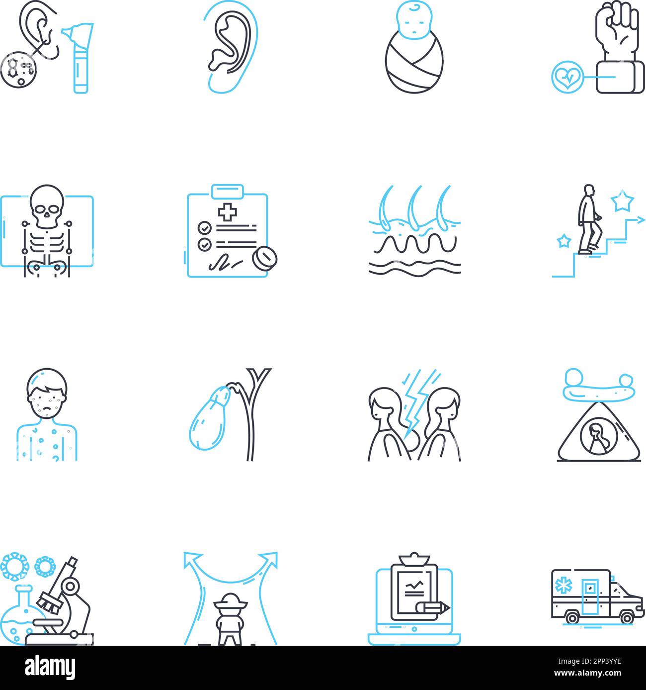 Genetic condition linear icons set. Mutation, Chromosome, Inheritance, Disorder, Gene, Syndrome, Deletion line vector and concept signs. Duplication Stock Vector