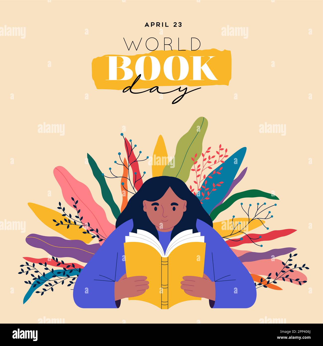 World book day greeting card illustration of young girl kid reading book with colorful plant leaf growing inside for education learning concept. April Stock Vector