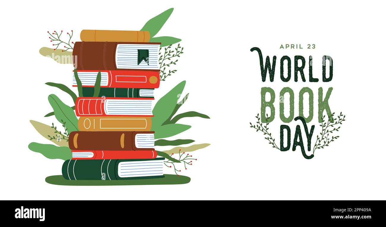 World book Day greeting card illustration of different book pile with green plant leaves growing from knowledge. April 23 holiday event design, inform Stock Vector